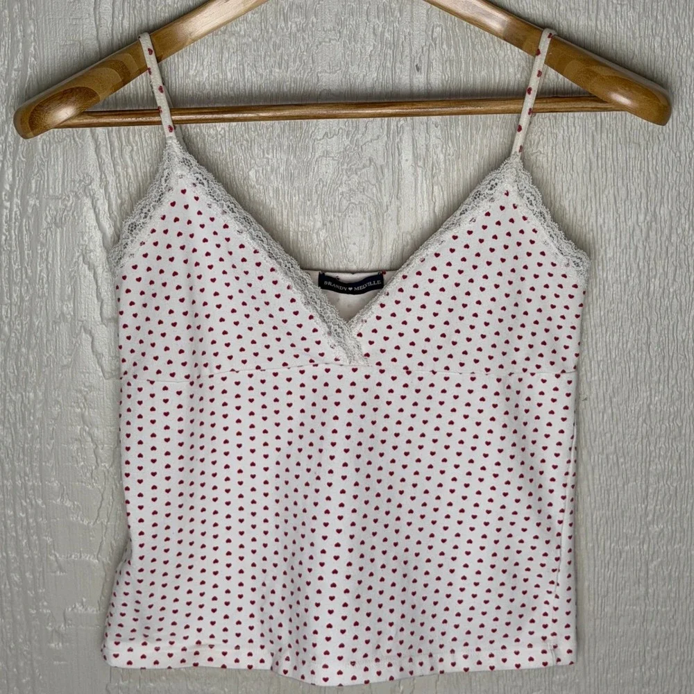 Brandy Melville White Red Heart Lace Trim Camisole Tank Top Adjustable Straps